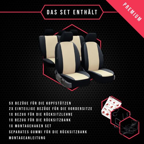 Saferide 3er Set Autositzbezüge PKW universal, Auto Sitzbezüge Kunstleder  Beige für Airbag geeignet, für Vordersitze und Rückbank